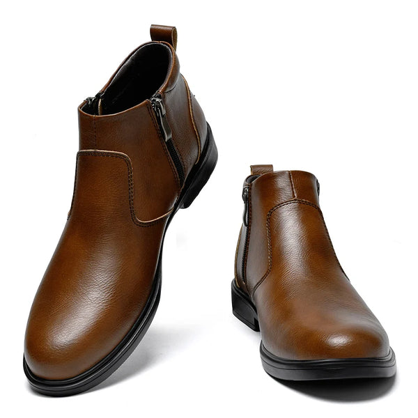 Men's Chelsea Ankle Boots Leather With Double Side Zippers "Plush" and "No Plush" two options