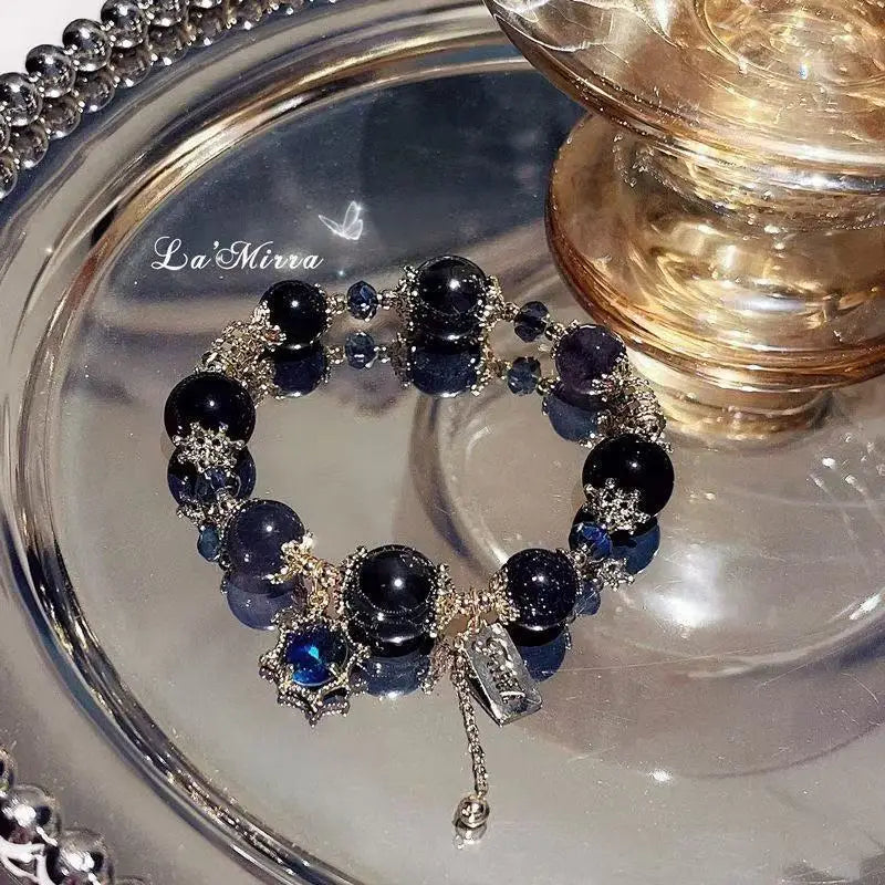Whale Fall Star Moonlight Black Gold Dark Blue Beaded Crystal Bracelet for Women - Lightweight Luxury Exquisite Niche Gift Neckl