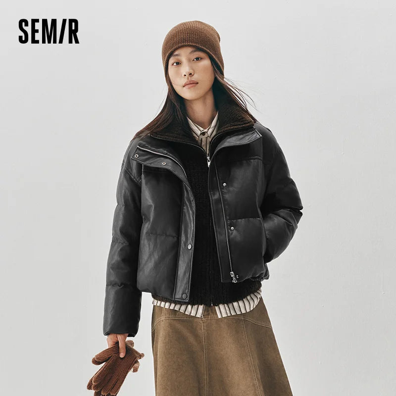 Semir Women Down Jacket 90 Percent Down Fill PU Faux Leather Loose Fit Urban Casual Style Puffer Shape 2026 Winter Cold Weather