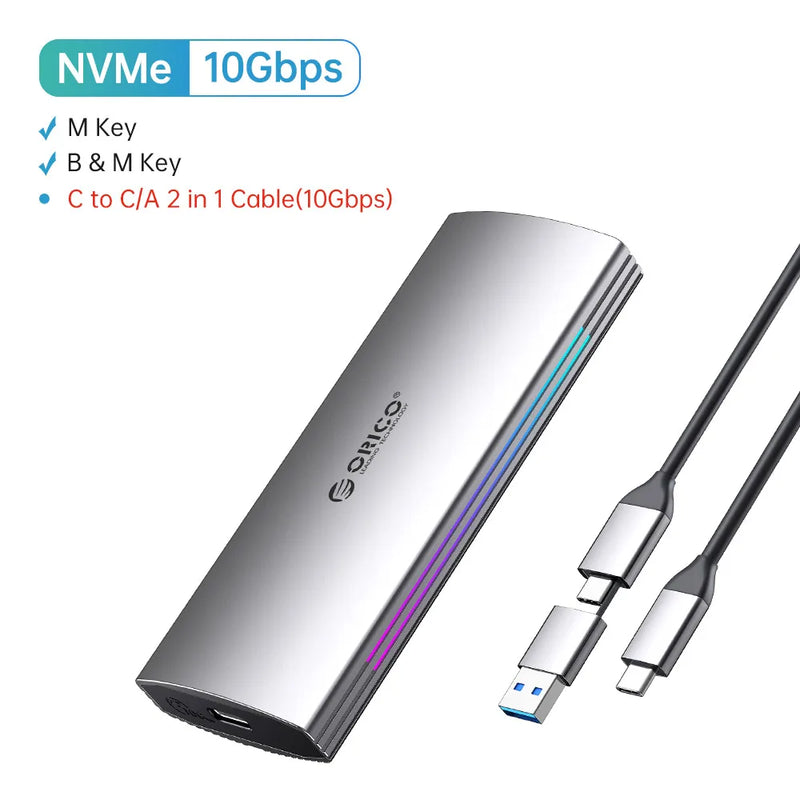 ORICO RGB 10Gbps M2 NVMe SSD Enclosure Aluminum USB3.1 Gen2 Case for M Key M&B Key Solid State Drive for Gamer Video Editing