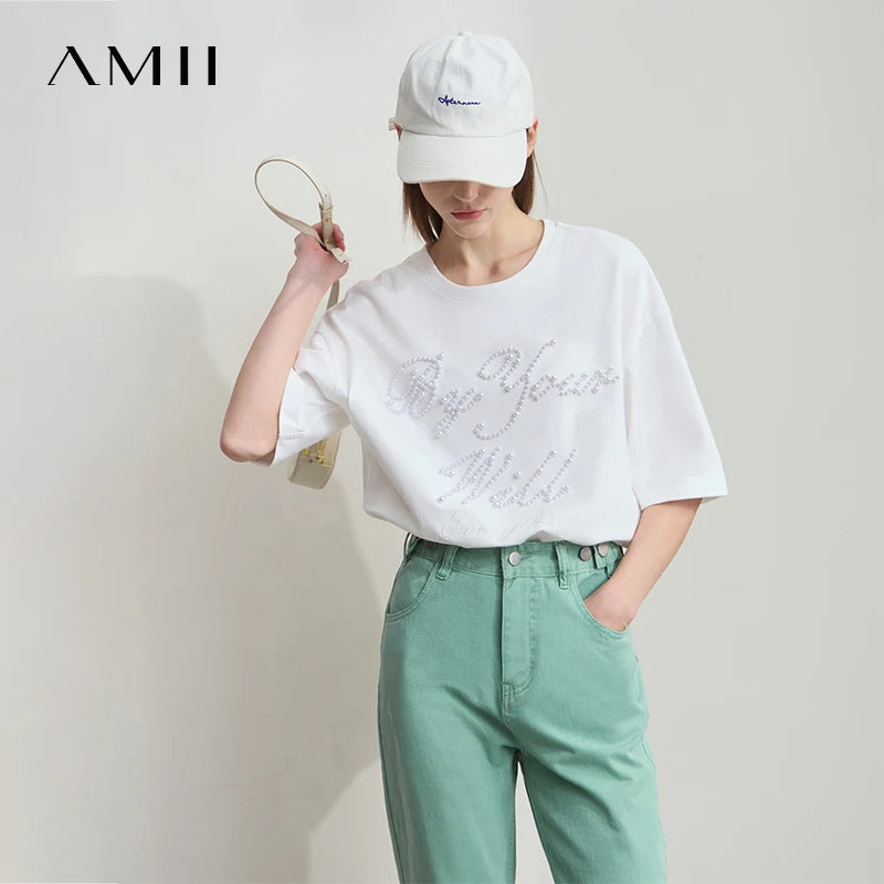 អាវ Amii សម្រាប់នារី រចនាបែបសាមញ្ញ រដូវក្តៅថ្មី កអាវរាងអក្សរ O រចនាអង្កាំ ដៃអាវស្បៃកប្បាស រចនាបែបទម្លាក់ស្មា អាវយឺតធម្មតា 12522079