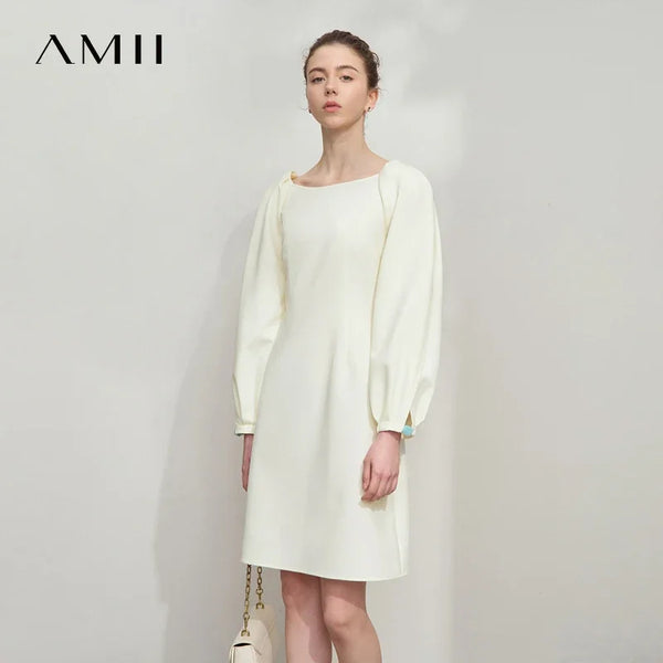 Amii Minimalist Womens Dresses 2026 Autumn New Round Neck Lantern Sleeve Solid Elegant Slim Thin Commute Dresses 12511008