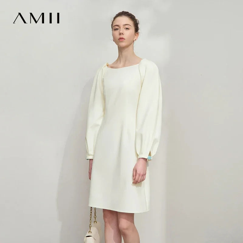 Amii Minimalist Womens Dresses 2026 Autumn New Round Neck Lantern Sleeve Solid Elegant Slim Thin Commute Dresses 12511008