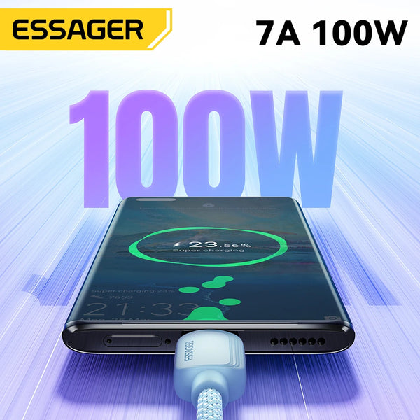 ខ្សែសាក Essager 7A 100W USB Type C សម្រាប់ Huawei Honor 88W សាកលឿន USB C Data Cord សម្រាប់ Xiaomi Oneplus Samsung
