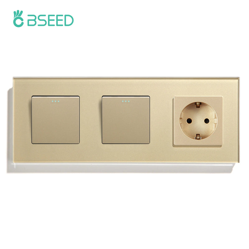 BSEED EU Standard Wall Button Switches Double 1Gang 1Way Wall Power Sockets USB Charger Glass Panel Type-C Socket Outlets