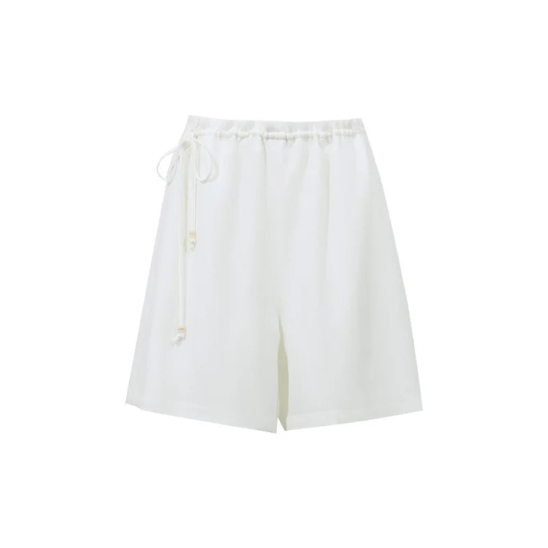 Amii Women's Shorts 2026 Summer New Elastic Tie Waist Ruffle Drawstring Linen Casual Pants Loose Office Woman Clothes 12622111