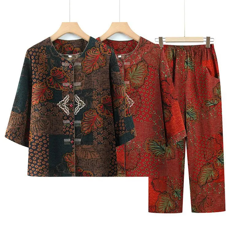 សំលៀកបំពាក់យាយ XL-5XL ឈុតគេងសម្រាប់យាយ ឈុតថ្មីសម្រាប់រដូវផ្ការីក រដូវស្លឹកឈើជ្រុះ ឈុតគេងសម្រាប់ស្ត្រី ឈុតប៉ាក់កប្បាស ឈុតនៅផ្ទះ ទំហំធំ ឈុតសម្រាប់ម្តាយនៅខាងក្រៅ