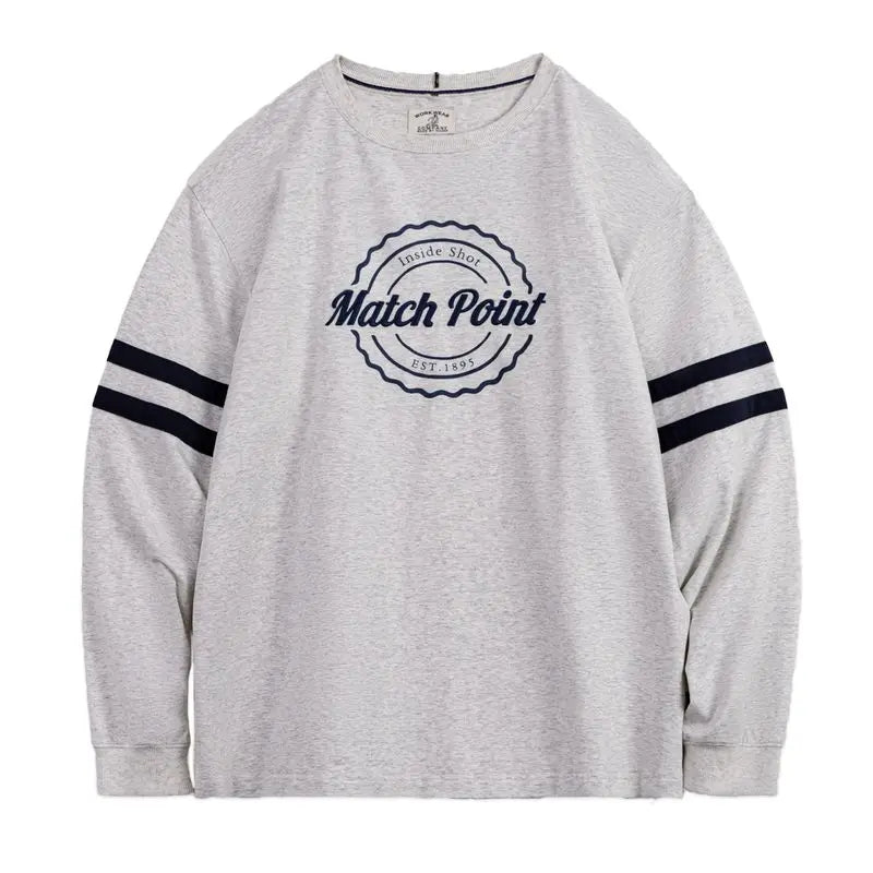 Maden Men‘s Retro Striped Embroidery Sweatshirt Grey Lightweight Crewneck Long Sleeve Top Thin Knit Pullover for Spring Autumn
