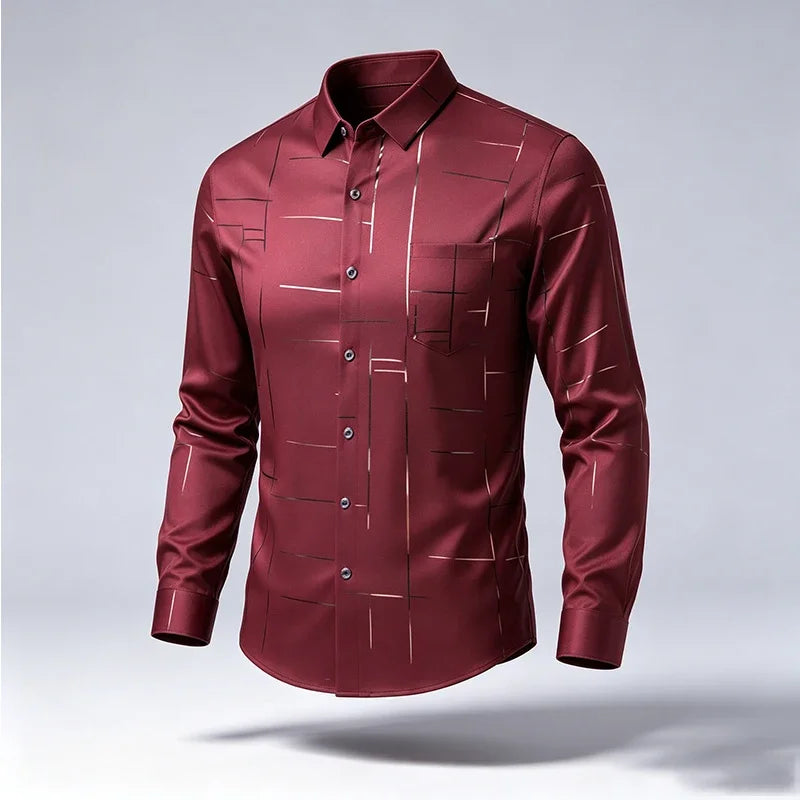Male Spring Autumn Long Sleeve Shirts Lapel Style Wrinkle Free Fabric Geometric Line Print Chest Pocket Button Shirts