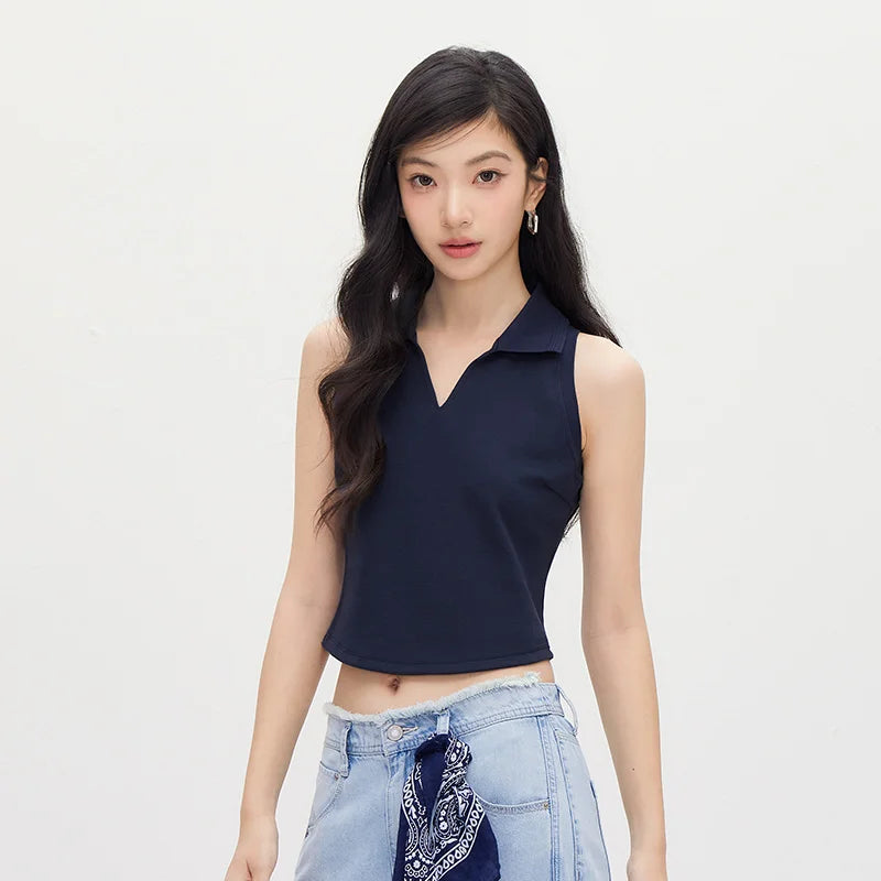 Semir Women Tank Top Polo Collar Slim Solid Cropped Tank 2026 Summer Simple Casual