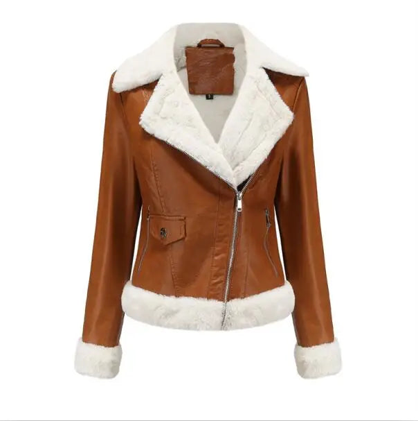 2026 Winter Women Yellow PU Leather Jacket, Black Slim-Fit Fleece Lined Faux Leather Coat, Thicken Warm Moto Biker Jacket Mujer.