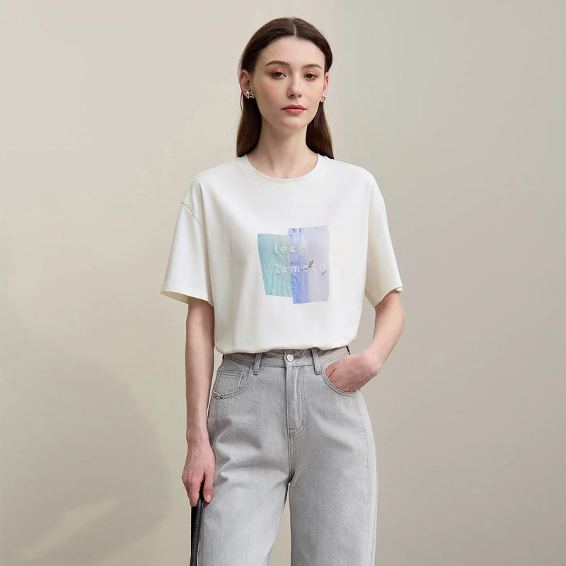 Amii Women's Tee Shirt 2026 Summer New O-Neck Printed Embroidered Cotton T-shirt Drop Shoulder Short Sleeve Elastic Top 12642009