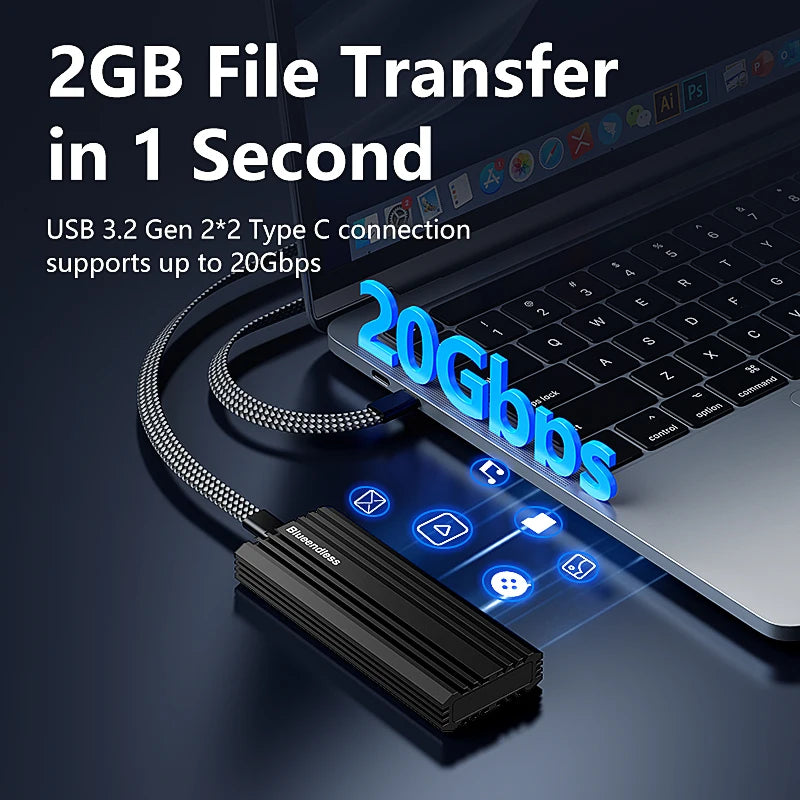 BLUEENDLESS 20Gbps M.2 PCIE NVME Enclosure USB 3.2 ជំនាន់ 2x2 ប្រភេទ-C ទៅ M2 SSD Adapter គាំទ្រ 8TB សម្រាប់ 2230 2242 2260 2280 SSD