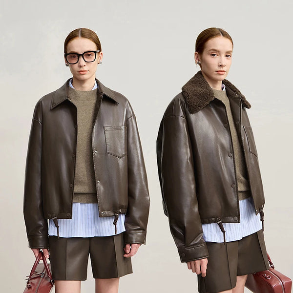 AMII Down Coat Woman 2026 Winter New Modern Warm Women Top Jacket Straight Versatile Fur Collar PU Leather Down Jacket 12554040