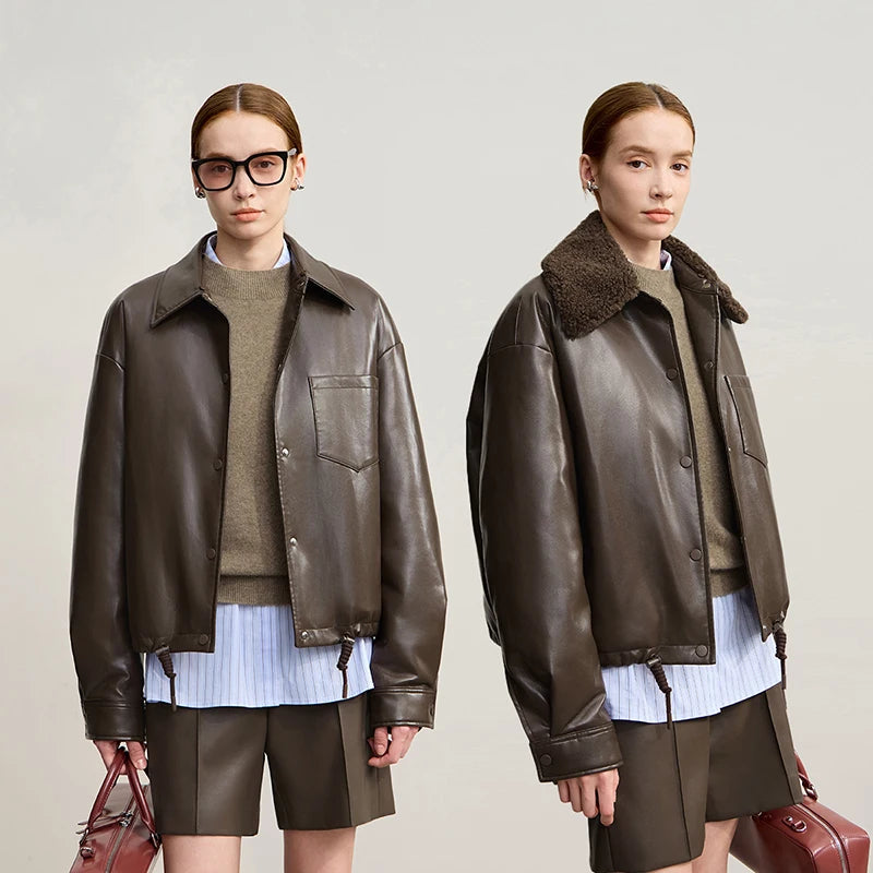 AMII Down Coat Woman 2026 Winter New Modern Warm Women Top Jacket Straight Versatile Fur Collar PU Leather Down Jacket 12554040