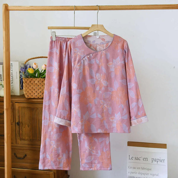 ឈុត Pijama បែប Vintage សម្រាប់រដូវផ្ការីករដូវស្លឹកឈើជ្រុះ ឈុតគេងសម្រាប់នារី ធម្មតា បោះពុម្ព 100% កប្បាស ដៃវែង គេងសម្រាប់នារី ឈុតគេងពេលយប់