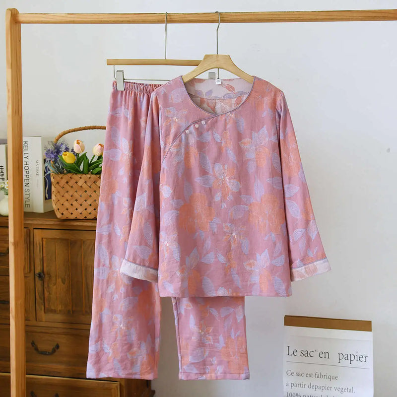 ឈុត Pijama បែប Vintage សម្រាប់រដូវផ្ការីករដូវស្លឹកឈើជ្រុះ ឈុតគេងសម្រាប់នារី ធម្មតា បោះពុម្ព 100% កប្បាស ដៃវែង គេងសម្រាប់នារី ឈុតគេងពេលយប់