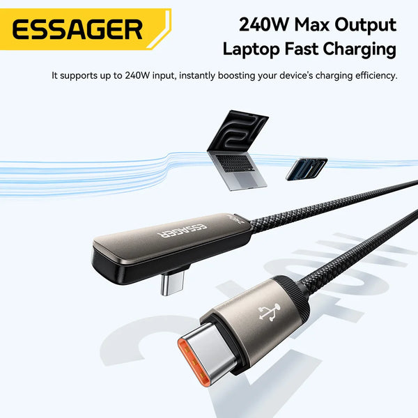 ខ្សែសាក Essager 2 ក្នុង 1 Elbow 240W USB C ជាមួយជើងទម្រទូរស័ព្ទសម្រាប់ iPhone 17 16 Pro Max iPad ខ្សែសាកប្រភេទ C សម្រាប់ Macbook Xiaomi Samsung S25