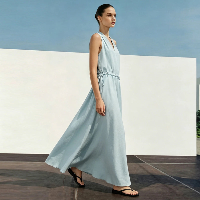 Amii Sleeveless Womens Dresses 2026 Summer New V-Neck Linen Blend Breathable Drawstring Tie A-Line Elegant Long Dress 12652013