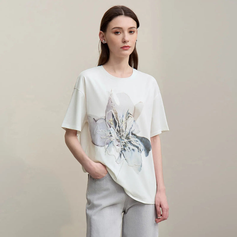 Amii Women's T-shirt Crew Neck Drop Shoulder Short Sleeve Tee 2026 Summer New Soft Cotton Blend Casual Loose Fit Top 12642017