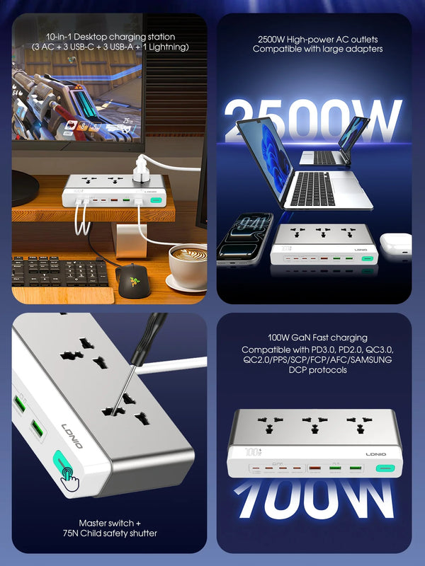 ឌុយភ្លើង LDNIO 10-in-1 រន្ធដោតភ្លើងលើតុ សាកលឿន 100W មានរន្ធដោត AC ចំនួន 3 រន្ធ PD QC USB C USB A ខ្សែភ្លើង 2M ឌុយ EU UK US KR