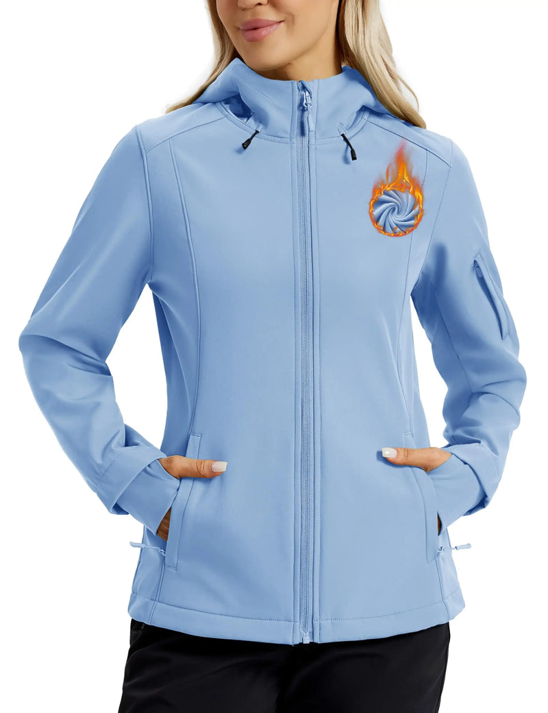 TACVASEN Waterproof Fleece Lined Women's Softshell Jacket Hooded Outdoor Hiking Camping Jacket Lightweight Warm Thermal Coat
