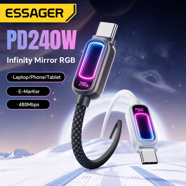 ខ្សែសាក Essager 240W E-Marker Type C ទៅ Type C 5A PD3.1 សាកថ្មលឿនសម្រាប់ MacBook Laptop iPhone 17 16 Pro Max iPad Samsung S26 S25
