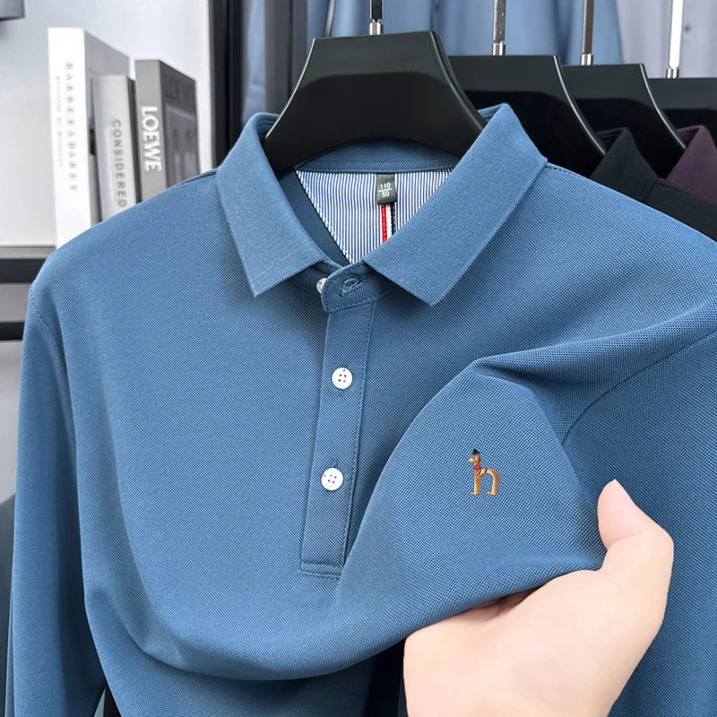 High Quality Men Long Sleeved Polo Shirt Lapel Button Exquisite Embroidery Not Deformed Autumn Winter Business Casual Men's Wear