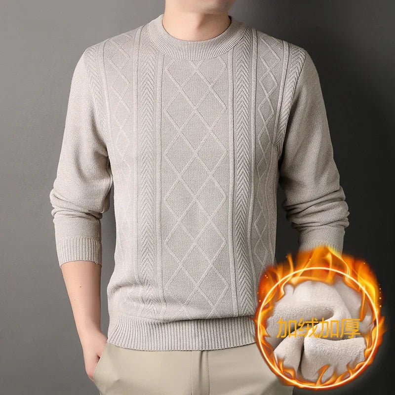 Elastic Rib Cuffs Male Crew Neck Sweater Thickened Plush Interior Mixed Jacquard Knitting Autumn Outdoor Leisure Top