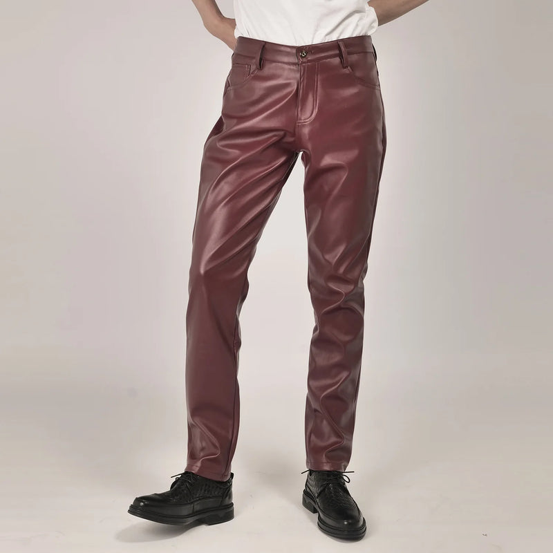 New Fall Collection: Men's Purple PU Pants—Fitted Faux Leather Motorcycle Trousers Available in Black,Blue,Green,Red,Gray,Khaki.