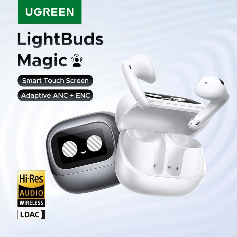 UGREEN Lightbuds Semi-open Adaptive Active Noise Cancellation ANC Wireless Bluetooth Earphones With LCD Full Color Smart Screen