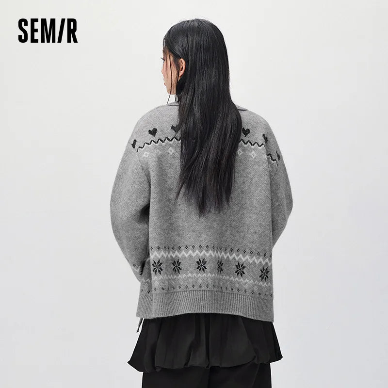 Semir Women Knit Cardigan Turn Down Collar Oversized Fit Geometric Jacquard 2026 New Winter Daily Wear Urban Casual Style