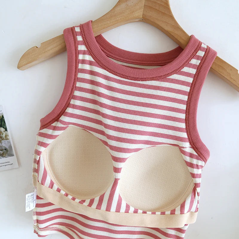 Summer Women's Pajamas T-shirt One Piece Sleepwear Vest Fashion Striped Modal Bottoming Shirt Chest Pad Sleeping Tops