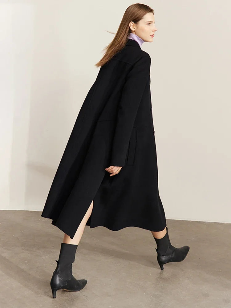 AMII Minimalism 100% Wool Coat Women 2026 Winter Double-breasted French Style Elegant Commuter Loose Long Clothing Tops 12270566