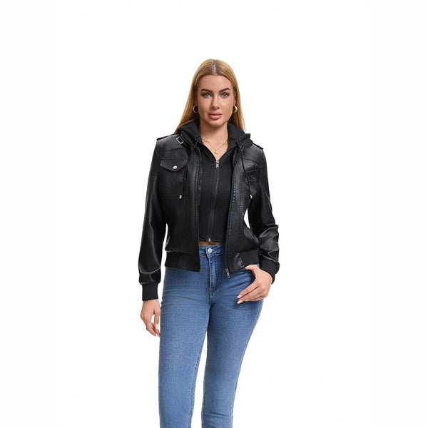 2027 New Women's Long-Sleeve Hooded Faux Leather Jacket—a Lightweight, Slim-fit PU Biker Coat for Spring/Fall.Black,Brown,Khaki.