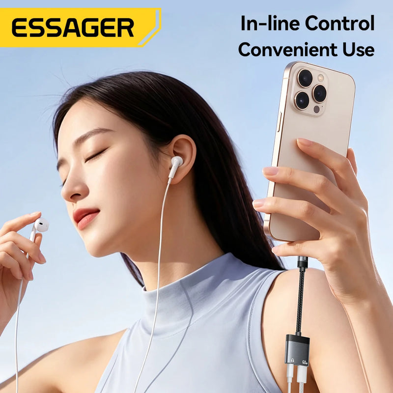 Essager Audio And Charging Splitter Cable 2 In 1 3.5mm Jack Earphone PD 60W USB Type C Charger Adapter For iPhone Samsung Xiaomi