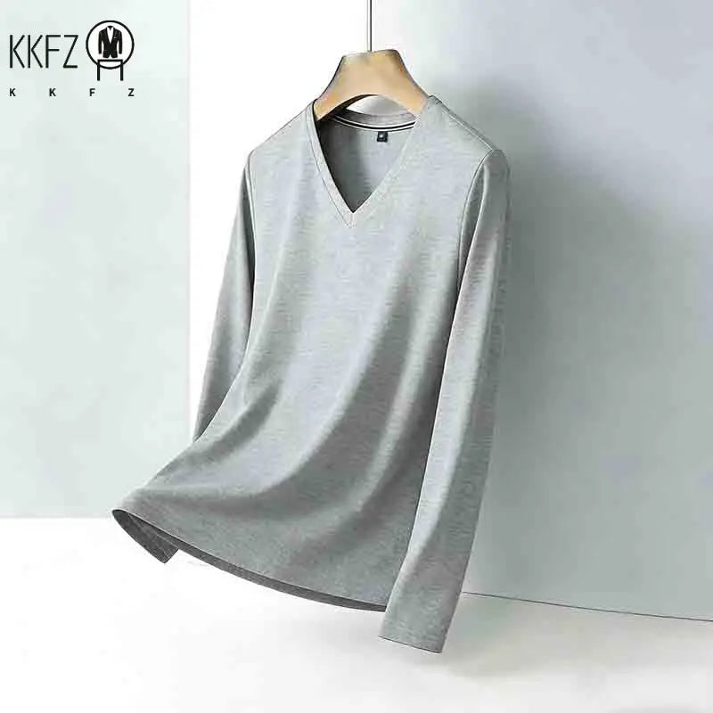 Men's Wrinkle-resistant Brown V-neck Long Sleeve T-shirt Easy Care Breathable Casual Top