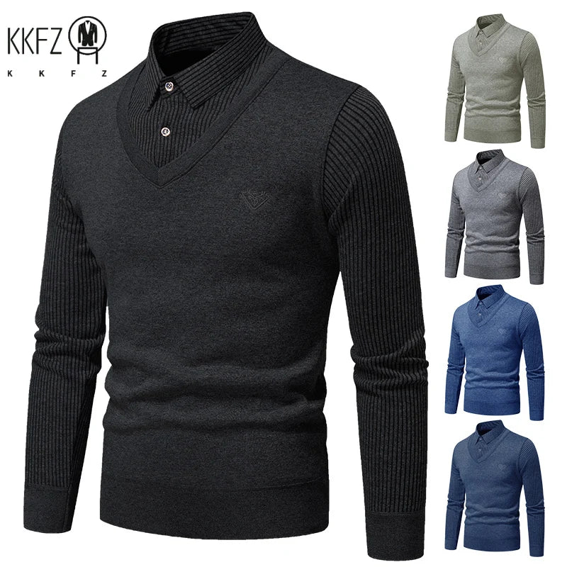 All Season Male Fake Two Piece Long Sleeve Top V Neck Fake Waistcoat Stripe Detail Lapel Collar Embroidered Decor