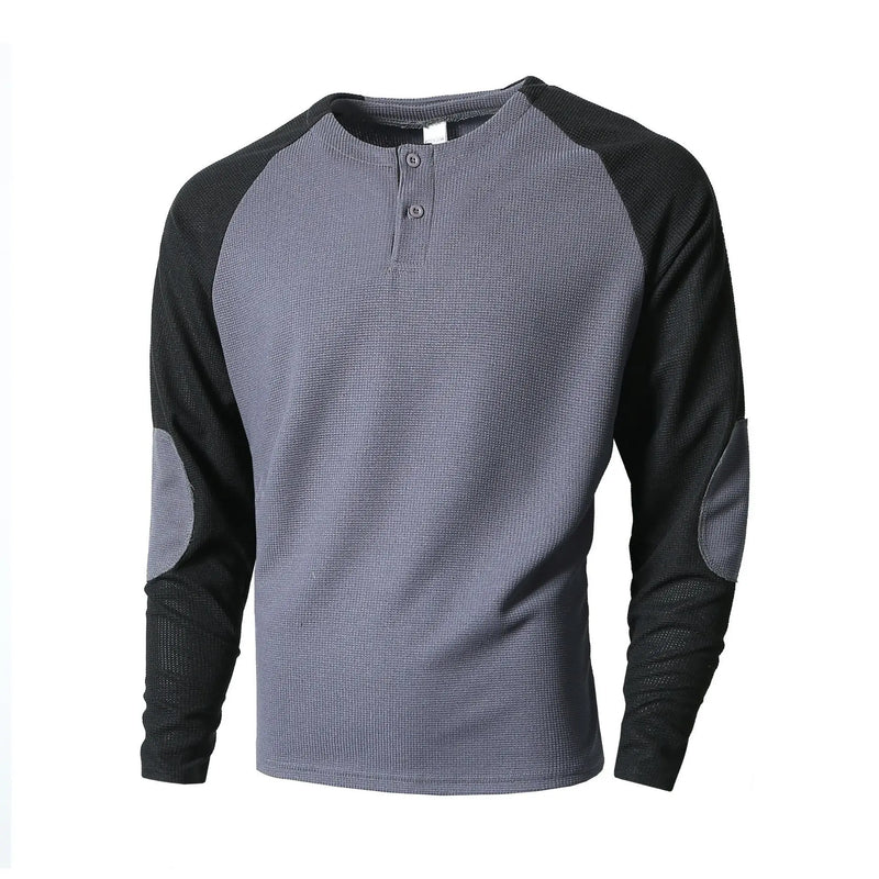 Men's Autumn Outdoor Breathable Long - Sleeve Round - Neck Waffle Knit Sweatshirt with Raglan Sleeve Splicing