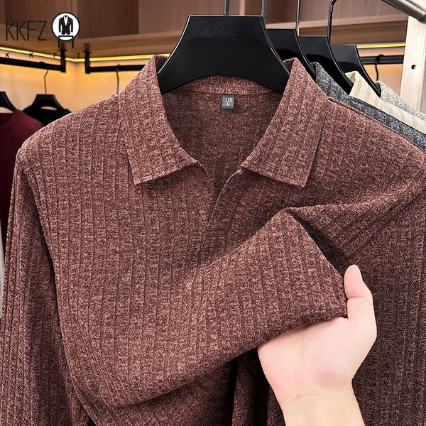Men Casual Office Knit Polo Long Sleeve V Notch Collar Vertical Rib Texture Loose Comfort Pullover Shirt