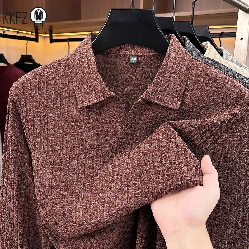 Men Casual Office Knit Polo Long Sleeve V Notch Collar Vertical Rib Texture Loose Comfort Pullover Shirt