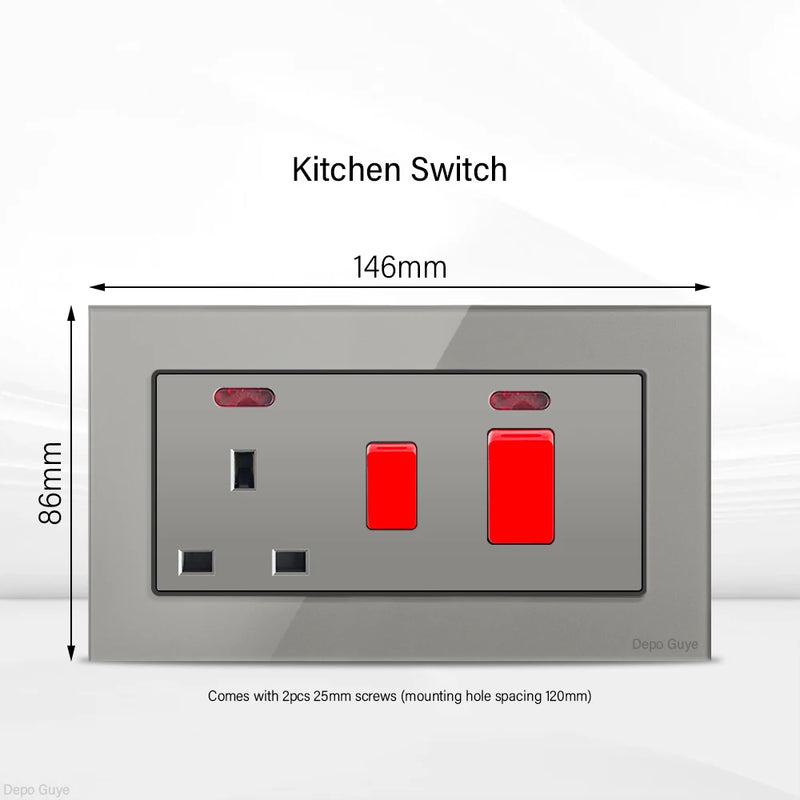 Grey UK 13A Tempered Glass USB Type C 18W Quick Charge Socket,Dual Universal Power Outlet,Home Light Electric Switch Panel