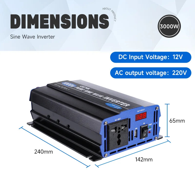 ឧបករណ៍បម្លែងភ្លើង GEYA Pure Sine Wave Car Power Inverter DC 12V ទៅ AC 220V រន្ធដោត EU ជាសកលសម្រាប់ RV, ឡានដឹកទំនិញ, គ្រឿងបន្ថែមរថយន្តដើរដោយថាមពលព្រះអាទិត្យ