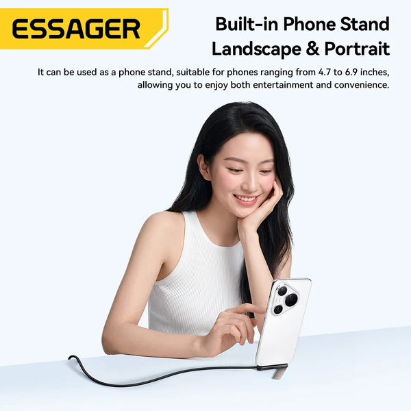 ខ្សែសាក Essager 2 ក្នុង 1 Elbow 7A USB Type C ជាមួយជើងទម្រទូរស័ព្ទ សម្រាប់ iPhone Realme Huawei 66W សាកថ្មលឿន សម្រាប់ Honor Samsung Oneplus