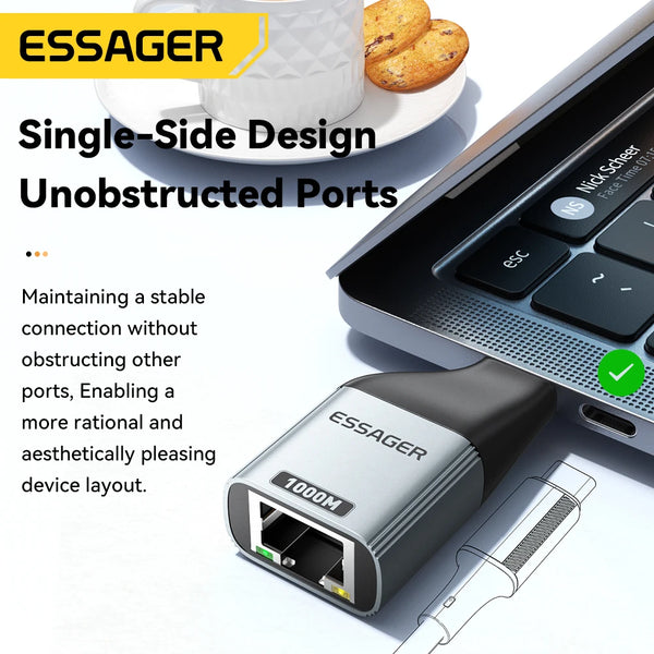 ឧបករណ៍ភ្ជាប់ Essager Type-C ទៅ Ethernet 100/1000Mbps Gigabit ល្បឿនលឿន RJ45 ទៅ Type-c សម្រាប់ MacBook Laptop កាតបណ្តាញមានខ្សែ