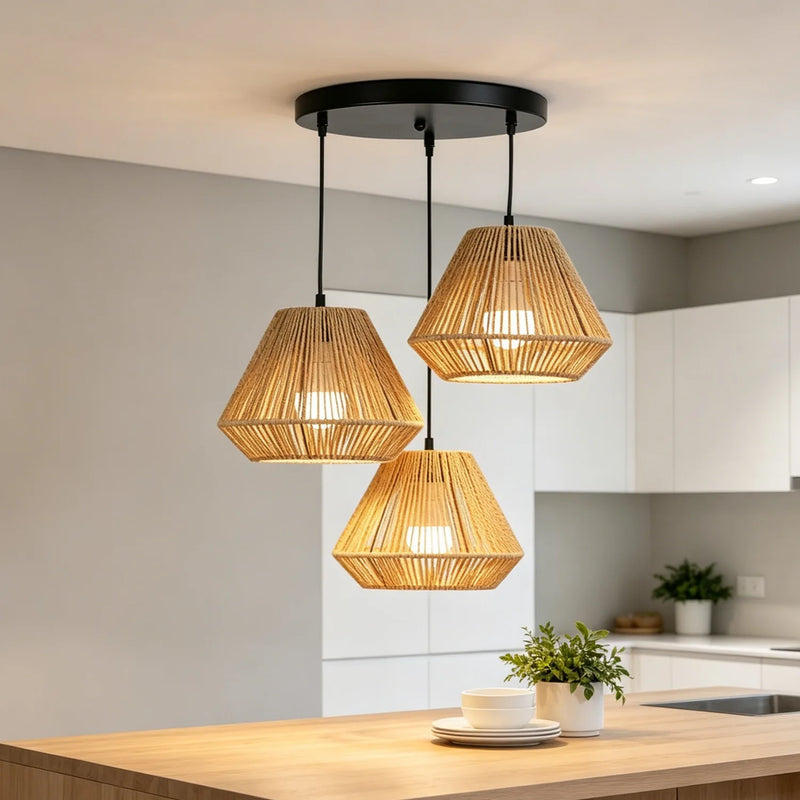 JOYINLED 3-Lights Handmade Pendant Lamp Boho Natural Rattan Ceiling Hanging Light Fixture Living Room Home Decor LED Chandelier