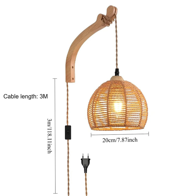 Plug in Wall Lamp Farmhouse Wicker Wall Light Plug in Hand Woven Rattan Sconce Rustic Wall Lighting for Living Room Bedroom
