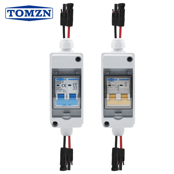1PCS TOMZN Solar Photovoltaic PV Combiner Box with Circuit Breaker HT 2ways 1 Input 1 Out DC with Matching Wires Waterproof Box