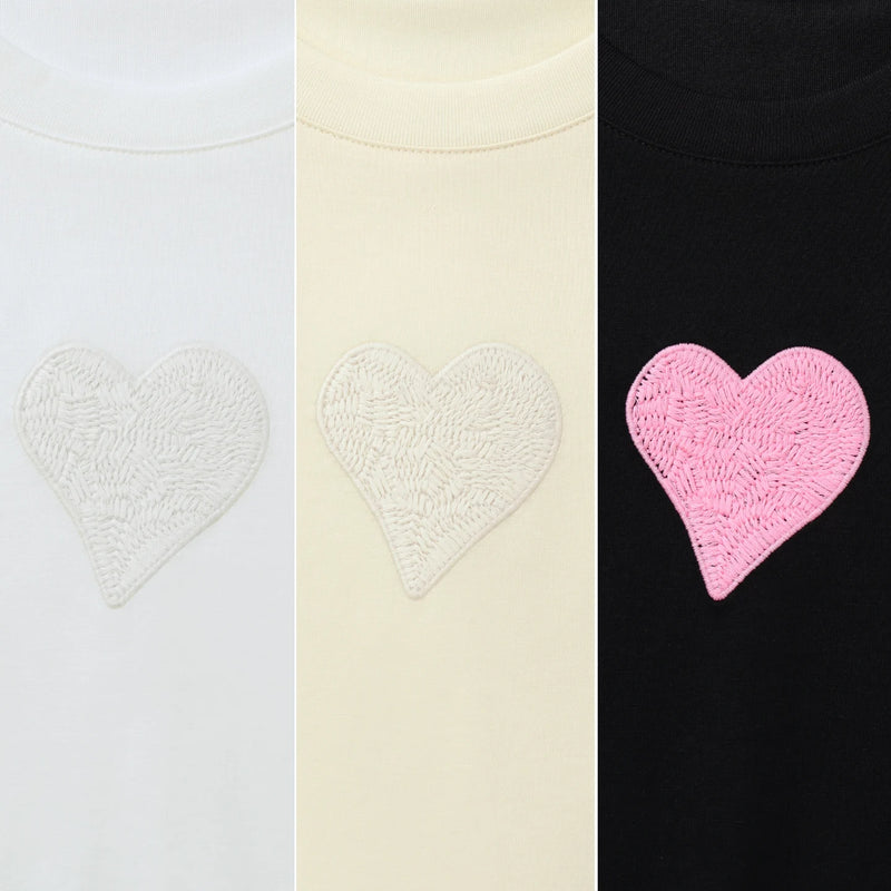 Amii Women's Short Sleeve Tee 2026 Summer New Heart Embroidered Round Neck Drop Shoulder T-shirt Loose Fit Casual Top 12622191