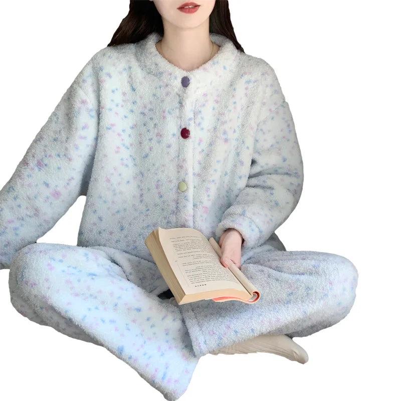 Pijama Mujer Invierno Korean Flannel Winter Pajamas For Women Thick Hot Velvet Sleepwear Set Casual Warm Women's Home Clothes